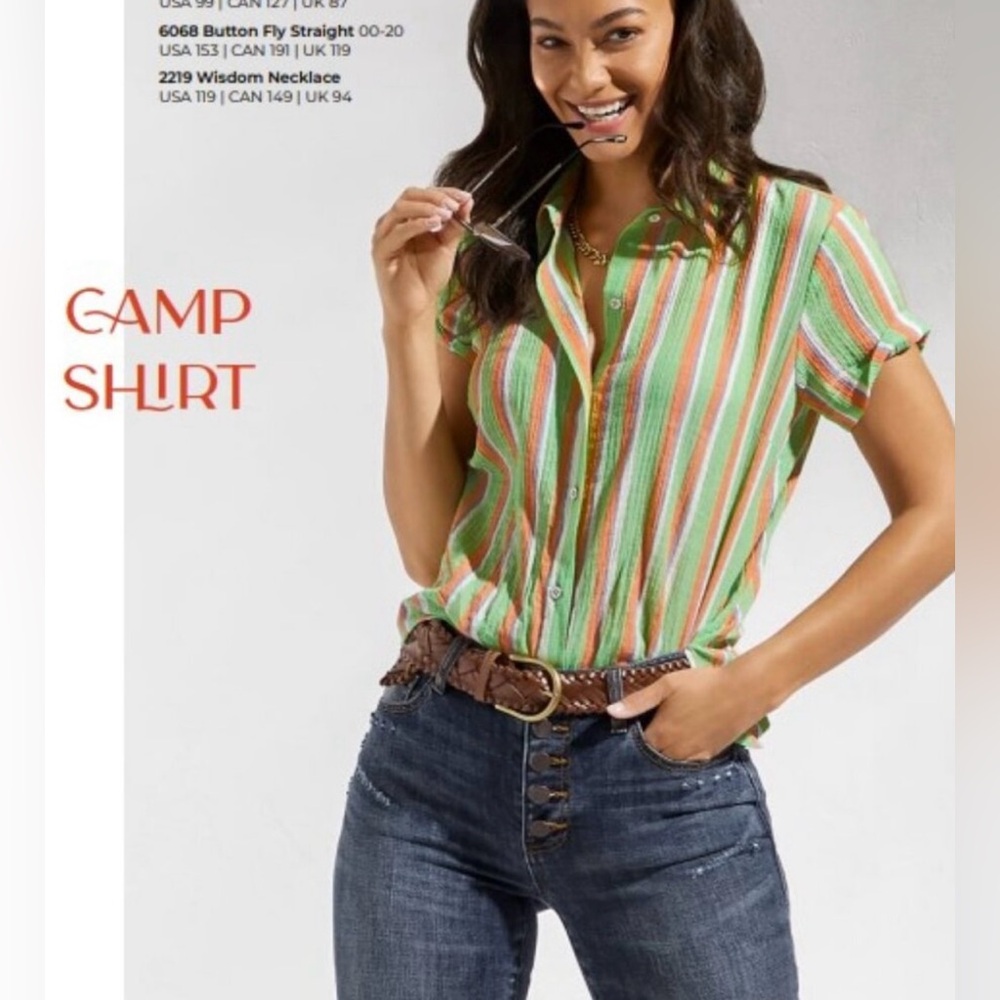 Cabi Camp Green and Orange Striped Button Down Shirt